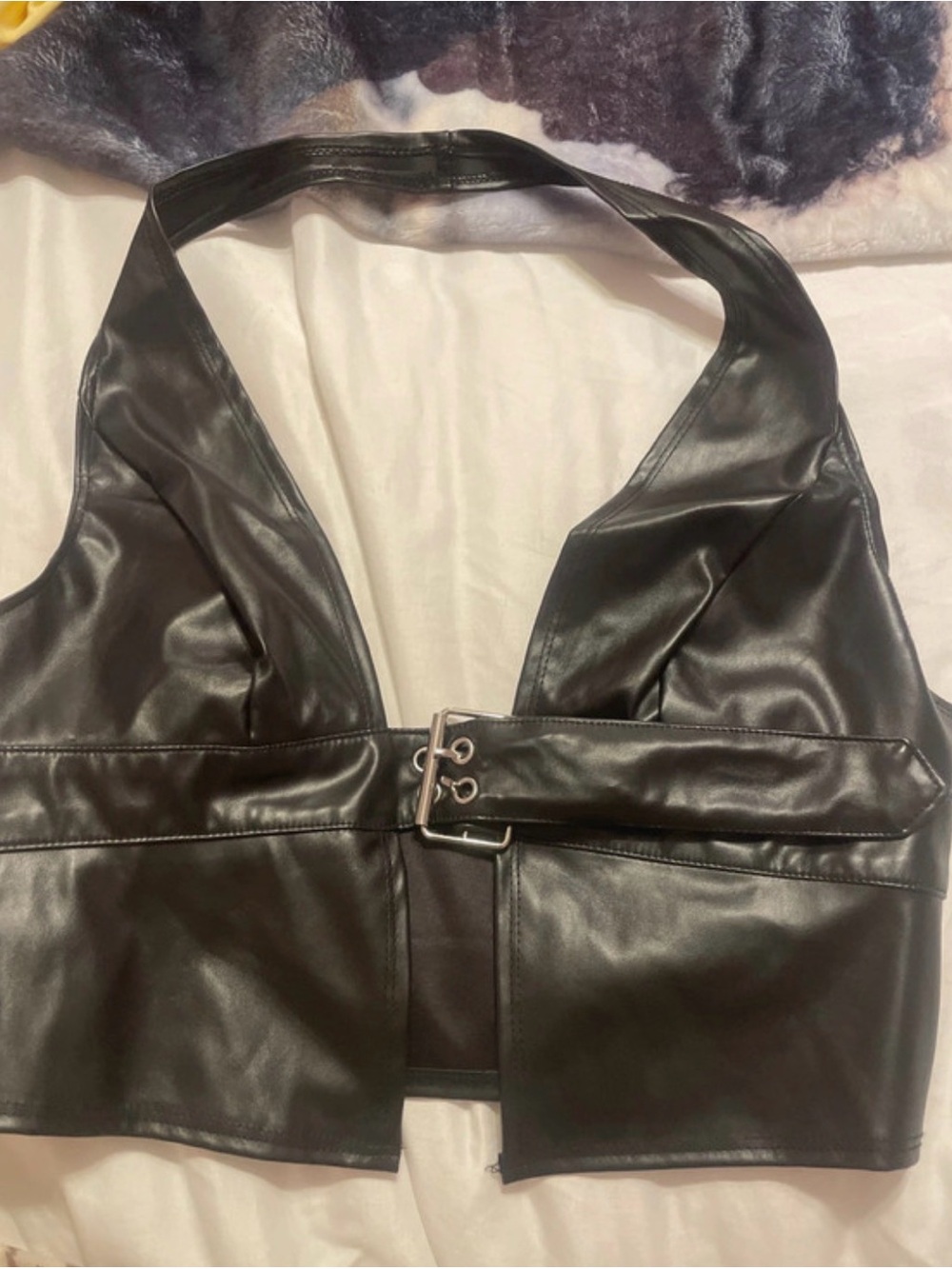 Windsor Black Faux Leather Halter Crop Top with Front Belt
